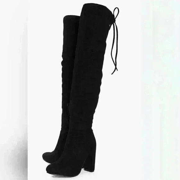 Boohoo Shoes - Boohoo Rebecca Block Heel Over The Knee Black Faux Suede Thigh High Boots Boot